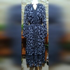 Simply Vera Vera Wang Navy Blue Tiered Ruffle Maxi Dress Sheer Long Sleeves XL‎